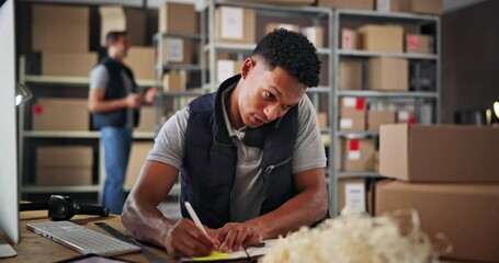 Aufkleber - Small business, phone call and man with order, shipping and planning for delivery with notes or logistics. Warehouse, entrepreneur and person with boxes for supply chain, communication or online shop