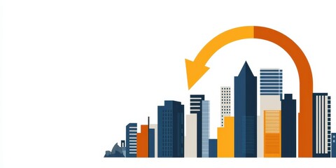 Poster - A stylized city skyline with an upward arrow suggests growth and progress in urban development.