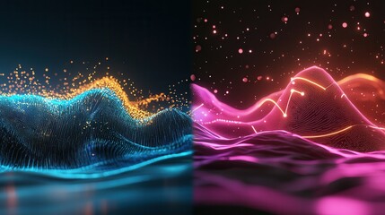 Poster - Captivating abstract composition of luminous neon waves flowing with dynamic energy and rhythmic movement creating a visually striking and immersive digital art experience