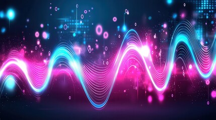 Poster - Mesmerizing abstract composition featuring dynamic glowing neon wave lines in shades of teal and magenta creating a futuristic digital and energetic visual experience