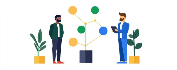 Aufkleber - Two men interact with a digital representation of a plant, surrounded by potted plants, symbolizing growth and technology.