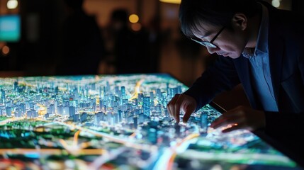 Poster - Interactive Cityscape with Man Exploring a Futuristic Urban Model