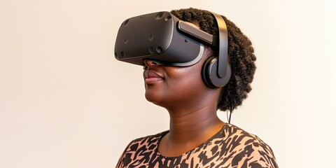 Poster - A woman wearing a virtual reality headset, engaged in an immersive experience, with curly hair and a patterned top.