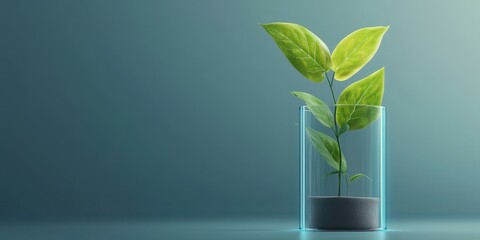 Poster - A vibrant green plant in a clear glass container, symbolizing growth and nature against a calming background.