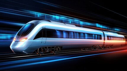 Poster - A sleek glowing high speed train zipping through a technological landscape representing the advancements and efficiency of modern rail transportation