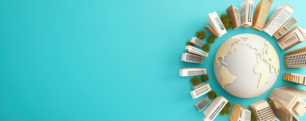 Leinwandbilder - A globe surrounded by miniature buildings on a turquoise background, symbolizing global architecture and urban development.