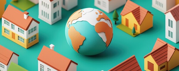Leinwandbilder - A colorful globe sits among miniature houses, symbolizing global connectivity and community in a vibrant, playful setting.
