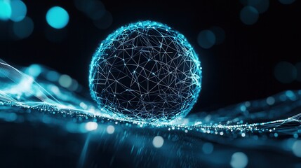 Poster - A dynamic glowing blue sphere composed of an intricate network of interconnected points and lines creating a futuristic technological visualization