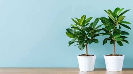 Poster - Two vibrant green plants in white pots against a soft blue wall, creating a fresh and inviting indoor atmosphere.
