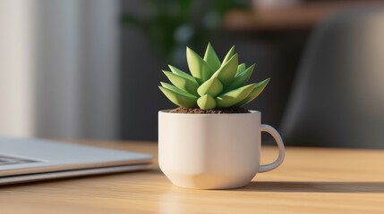 Poster - A small succulent in a white cup sits on a wooden table, illuminated by soft light, adding a touch of nature to a modern workspace.