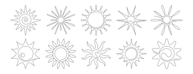 doodle art vector set of continuous line sun. summer symbol in simple linear style. single thin suns