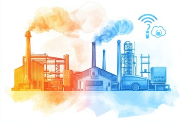 Poster - conceptual illustration of iot in manufacturing with watercolor style for innovative industry ideas