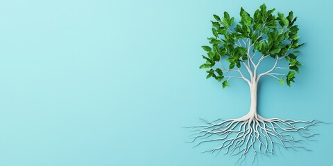 Poster - A minimalist illustration of a tree with green leaves and visible roots against a light blue background, symbolizing growth and nature.