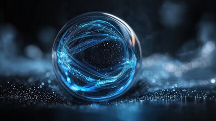 Poster - A captivating digital abstract image featuring a luminous blue sphere set against a dark backdrop with a glowing technology grid pattern creating a futuristic visually striking composition