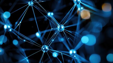 Poster - a futuristic and high tech digital network grid with interconnected nodes and lines set against a da