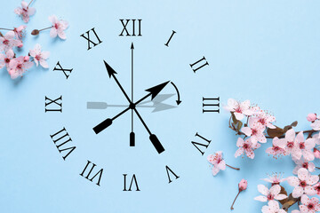 Poster - Clock and flowers on light blue background, top view. Arrow showing time change one hour ahead in spring. Daylight saving time