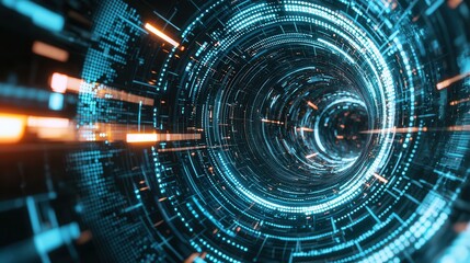 Poster - a surreal and futuristic digital hyperspace with a swirling vortex of glowing particles flowing thro