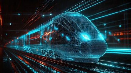 Poster - a futuristic digital wireframe rendering of a high speed train in motion with glowing blue energy be