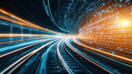 Poster - a futuristic digital wireframe train zooming through a neon blue illuminated tunnel creating a surre