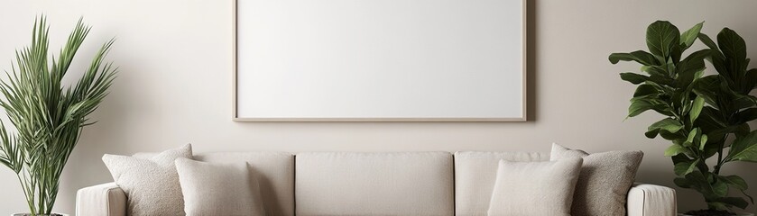 Poster - A neutral-colored frame with a blank canvas hangs above a cozy beige sofa. The softly lit space features a textured rug and indoor plants, creating an inviting atmosphere for relaxation
