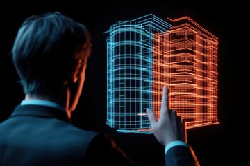 Poster - Futuristic Smart Real Estate Concept with Wireframe Buildings and Modern Technology Interaction