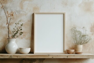 Poster - A blank wooden frame leans gently against a textured wall, nestled on a rustic wooden shelf adorned with small potted plants and ceramic decor. The earthy tones offer a warm, welcoming aesthetic