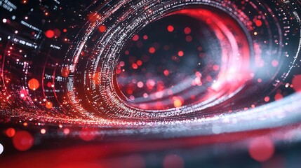 Poster - an abstract futuristic digital space tunnel filled with dynamic glowing points of light that seem to