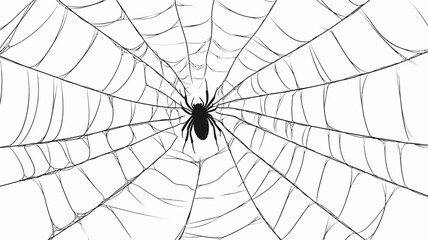 Close-up illustration of a black spider situated in the center of a large, intricately detailed web. The web is depicted with thin, radiating lines creating a circular pattern. The background is