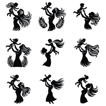 A beautifully designed black silhouette vector featuring a mother lifting her child with love and care. Perfect for Mother’s Day greeting cards, holiday clipart, and family-themed artworks