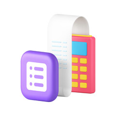 Poster - Shopping list planning payment receipt with POS terminal machine 3d icon realistic vector illustration. Shop store goods purchase successful financial transaction organization banking technology