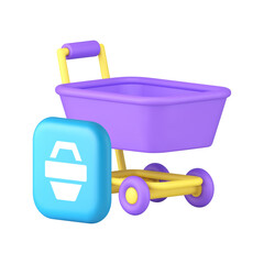 Poster - Online shopping cart buying goods purchase commercial retail 3d icon realistic vector illustration. Shop store market supermarket internet purchasing order trolley cart web merchandise
