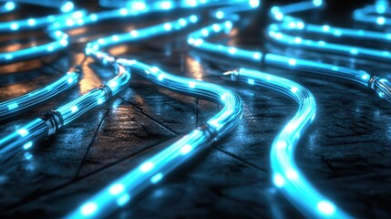 Poster - Mesmerizing glowing blue data streams flowing and interconnecting across a dark and white abstract background creating a dynamic and futuristic digital landscape