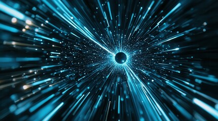 Poster - Abstract image depicting glowing blue particles surging through a hyperspace like environment with beams of bright light radiating outwards in a futuristic cosmic display