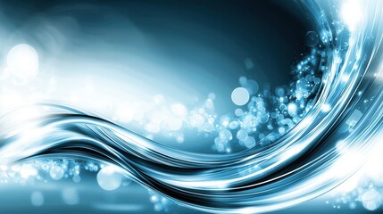 Poster - swirling luminous waves of blue data flow and converge against a dark background punctuated by soft 