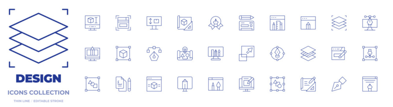 Design icons collection. Thin Line icons, editable stroke. cube, draft, web design, graphic design, design, d design, 3d design, product design, idea, scale