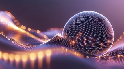Poster - A futuristic depicting a dynamic illuminated grid with a vibrant shimmering spherical element symbolizing the power of technology and data connectivity