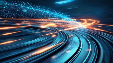 Poster - Glowing wireframe train moving through a futuristic digital city with vibrant light trails creating a sense of speed and energy