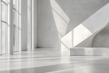 Poster - This contemporary empty space features raw concrete walls and a smooth polished floor. Large windows allow soft diffused light to create a neutral and serene atmosphere ideal for design mockups
