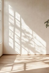 Poster - Warm sunlight streams through a large window, casting soft shadows on off-white walls and a wooden floor, creating a tranquil and inviting atmosphere for relaxation and focus