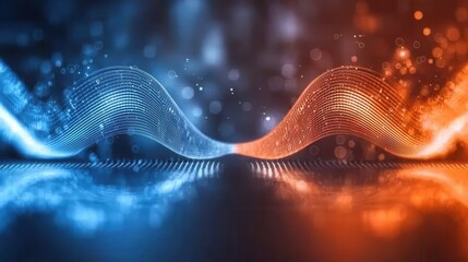 Poster - Vibrant flowing neon wave lines in a dynamic interplay of orange and blue hues creating a captivating and futuristic digital art composition
