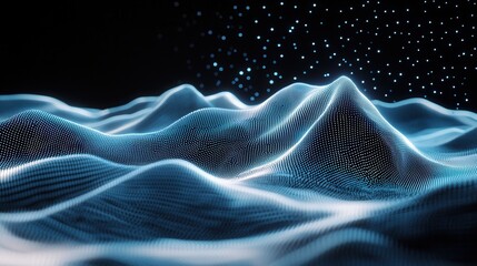 Poster - A mesmerizing digital landscape of glowing flowing blue waves and particles creating a serene yet energetic atmosphere