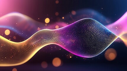 Poster - Captivating digital abstract featuring a dynamic shimmering neon wave with fluid undulating motion against a vibrant luminous backdrop