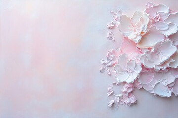 Poster - A sumptuous floral bouquet emerges from a softly blurred pearl-toned background. Thick impasto acrylics and shimmering pastel highlights create a dreamlike atmosphere perfect for elegant branding