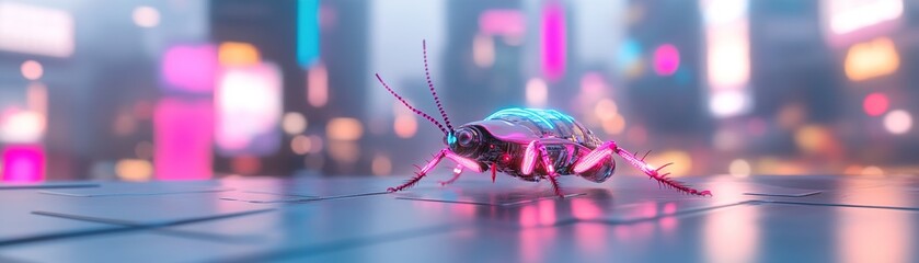 Poster - A bioluminescent cyber-cockroach glows brightly while crawling on a neon-lit metallic surface. Towering skyscrapers and glowing billboards create a surreal cyberpunk environment