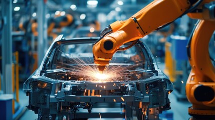 Poster - Automotive Assembly Line, Robots Welding a Car Body