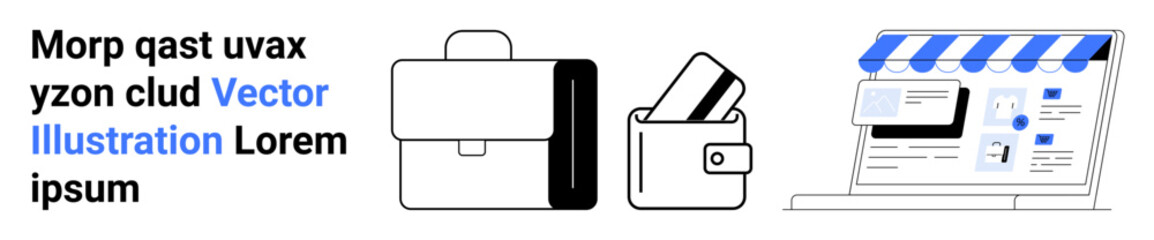 Briefcase, wallet with cards, and computer screen displaying a web shop interface. Ideal for e-commerce, online transactions, digital marketing, business management, retail, financial services