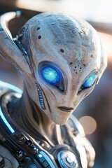 Poster - A detailed close-up reveals an extraterrestrial being with smooth, iridescent skin and deep, glowing blue eyes. The blurred background hints at a futuristic spacecraft with ambient lighting