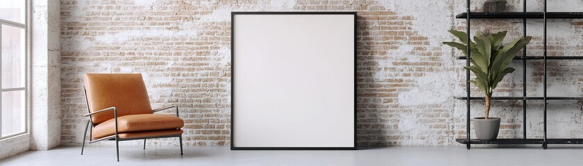 Poster - This urban loft features a large blank frame against an exposed brick wall, complemented by a vintage leather chair and black shelving, illuminated by soft natural light