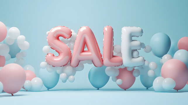  SALE letters made of floating balloons, pastel background