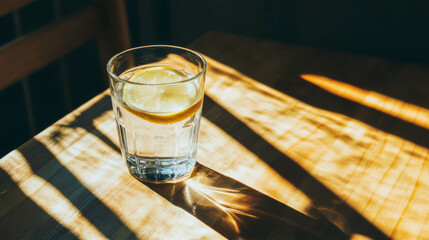 Poster - Refreshing lemon water in sunlit glass on wooden table